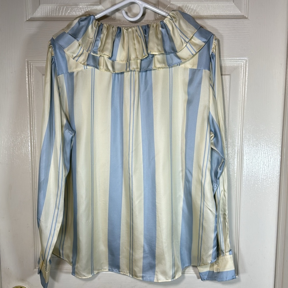J. Crew Collection Silk Ruffle Stripe Long Sleeves Button Down Size XL - Picture 5 of 8